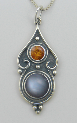 Sterling Silver Romantic Necklace in Grey Moonstone And Amber